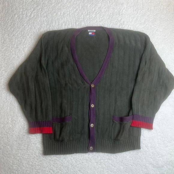Vintage Tommy Hilfiger men's green cable knit cardigan sweater‎ preppy 90s L